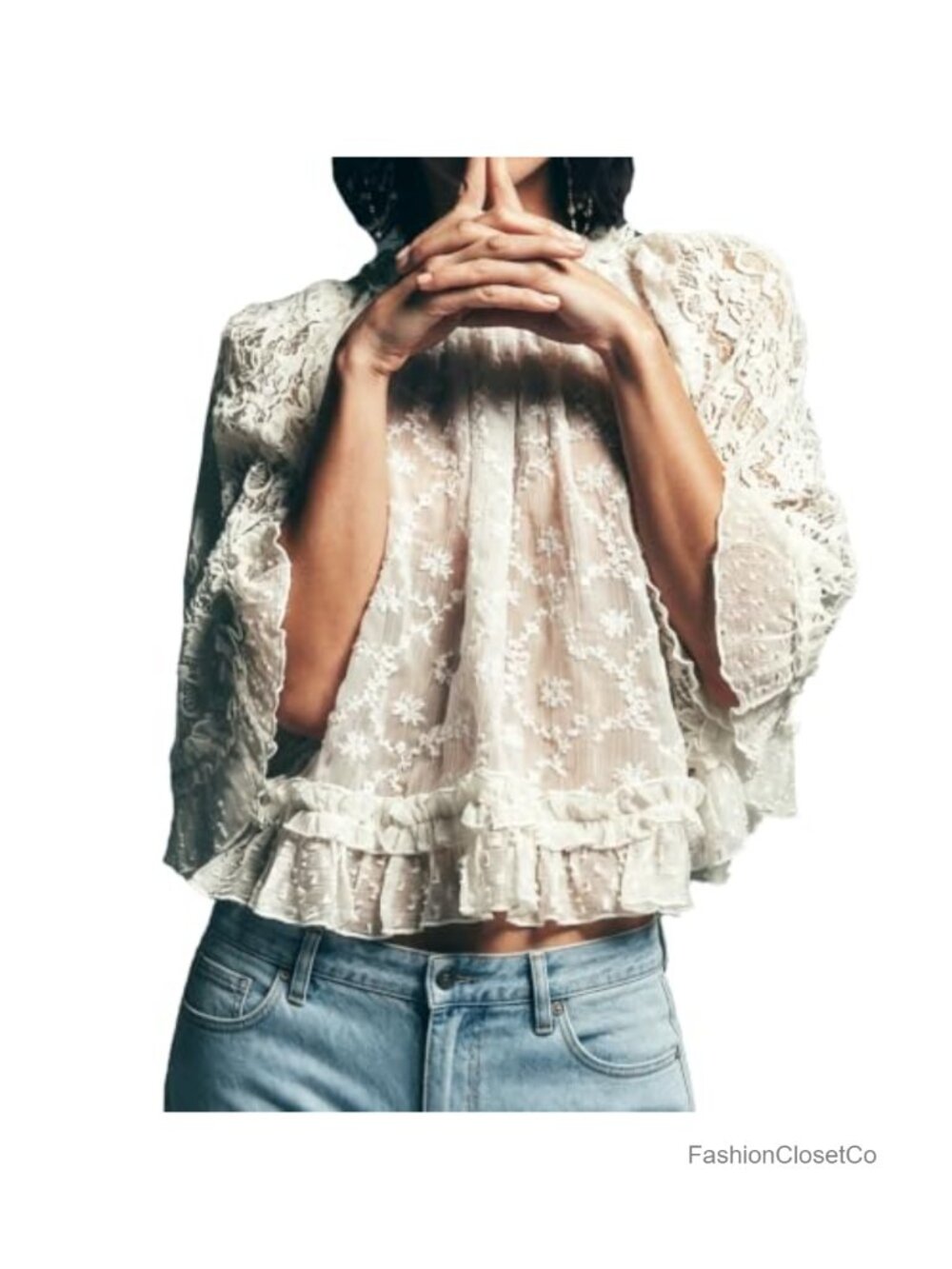 Sheer Lace Flare Sleeve Boho Cover Up Blouse